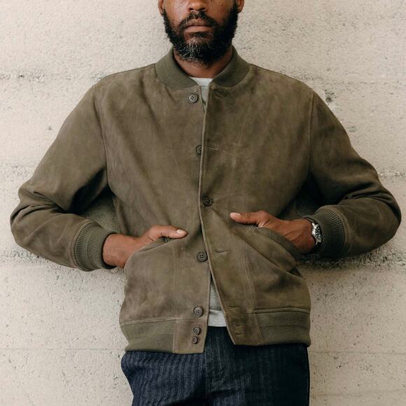 Taylor Stitch The Bomber Jacket Army Green Goat Suede 44 NEW Leather Button Coat - Picture 1 of 8